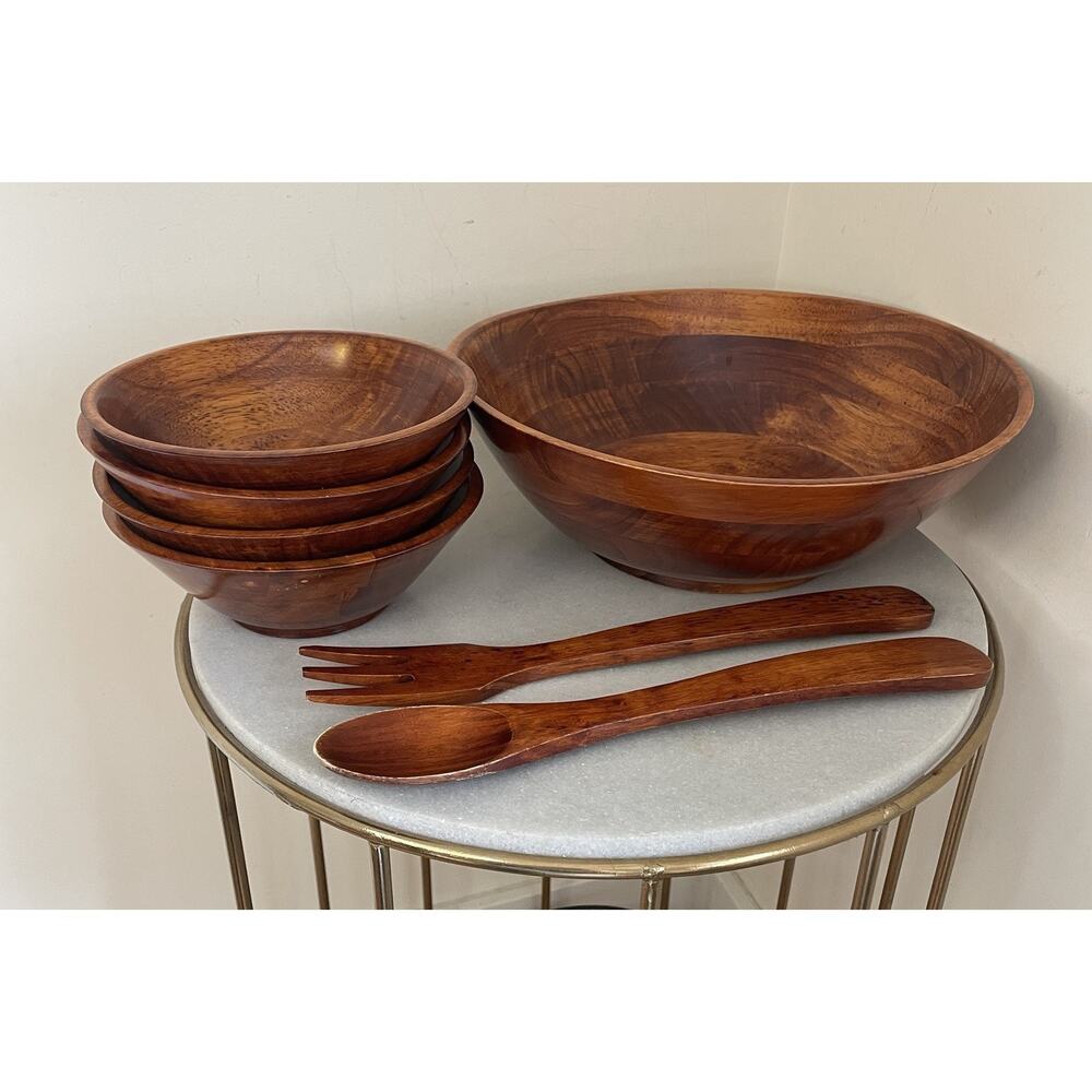 TEAK WOOD Serving 12” Salad Bowl + 4 Small 6.5” Bowls Serving Fork & Spoon